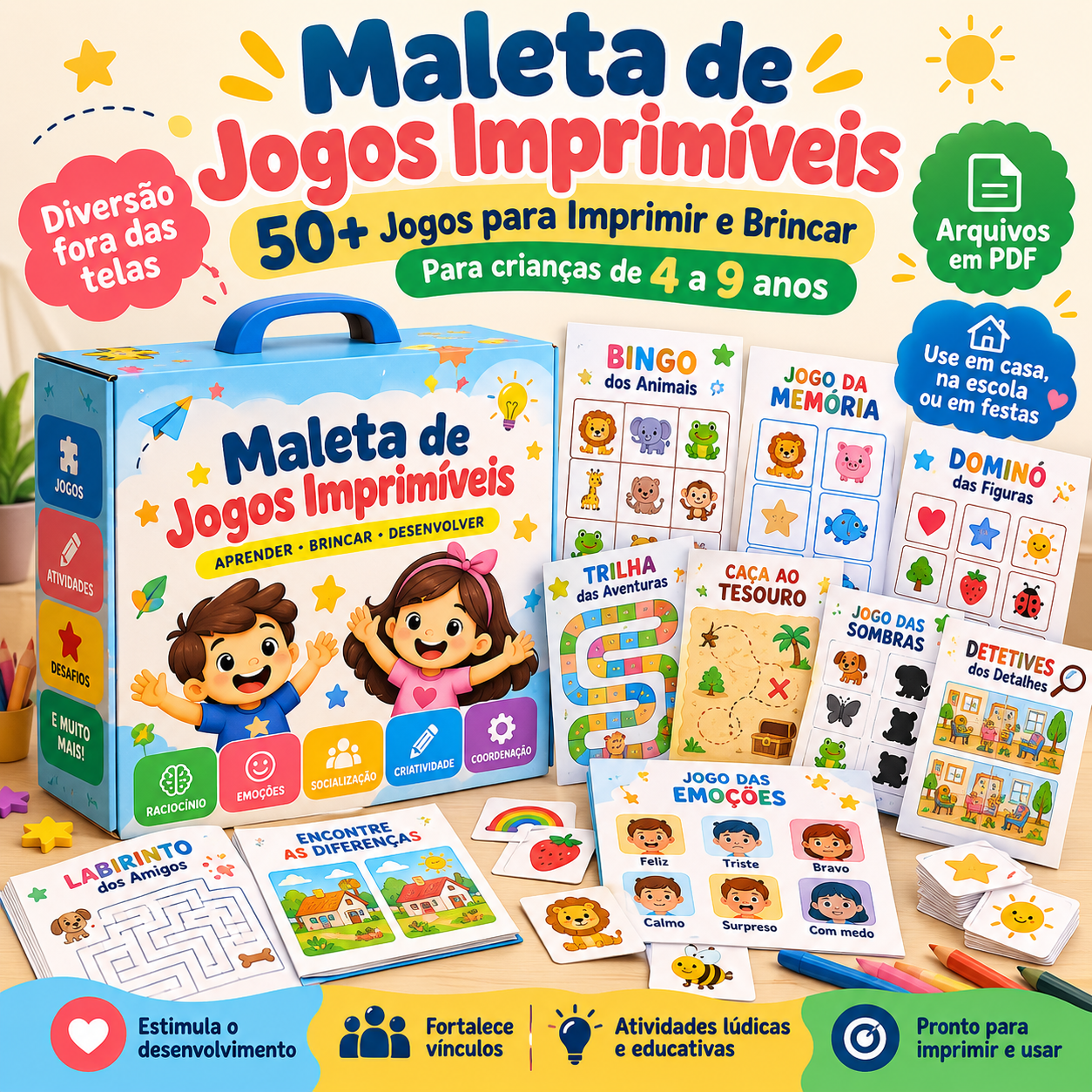 Mockup do pacote principal da Maleta de Jogos Imprimíveis